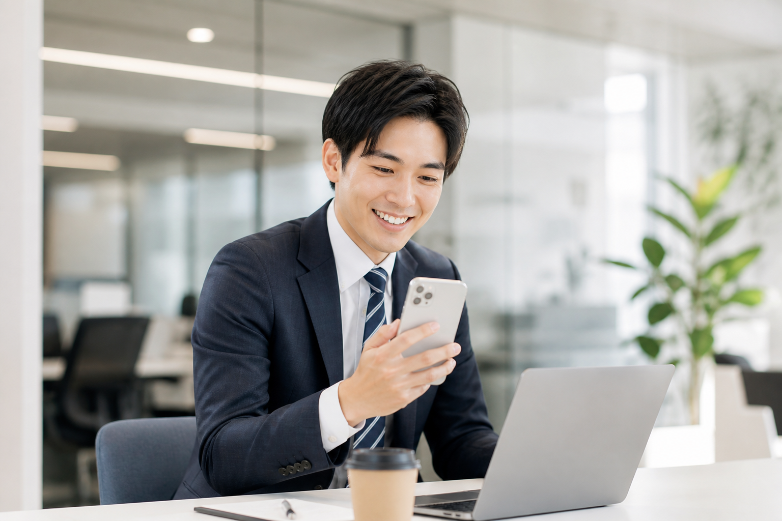 オフィスでスマホアプリを確認するビジネスパーソン