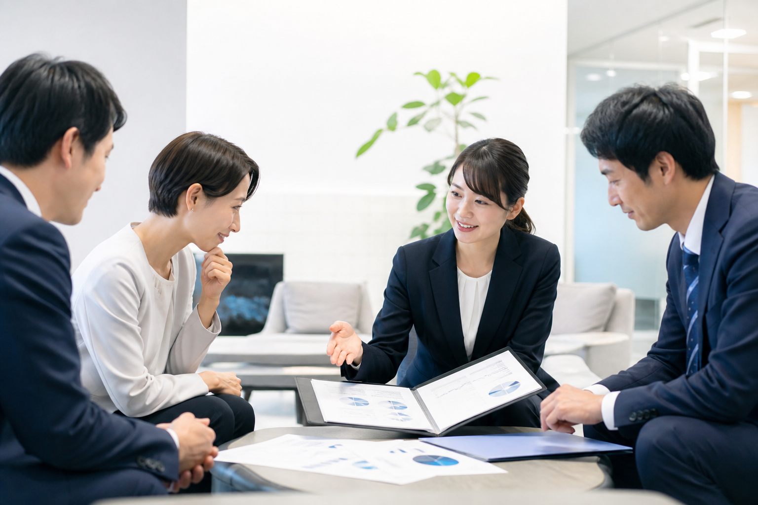 社内の担当者と一緒に資料を確認しながら進める風景