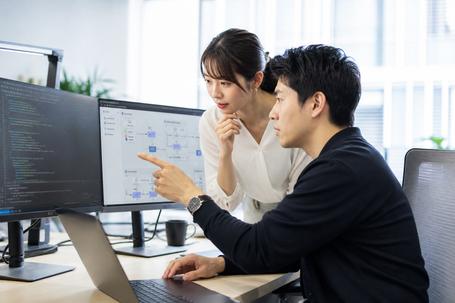 エンジニアがモニターを見ながらWebシステムについて議論する風景